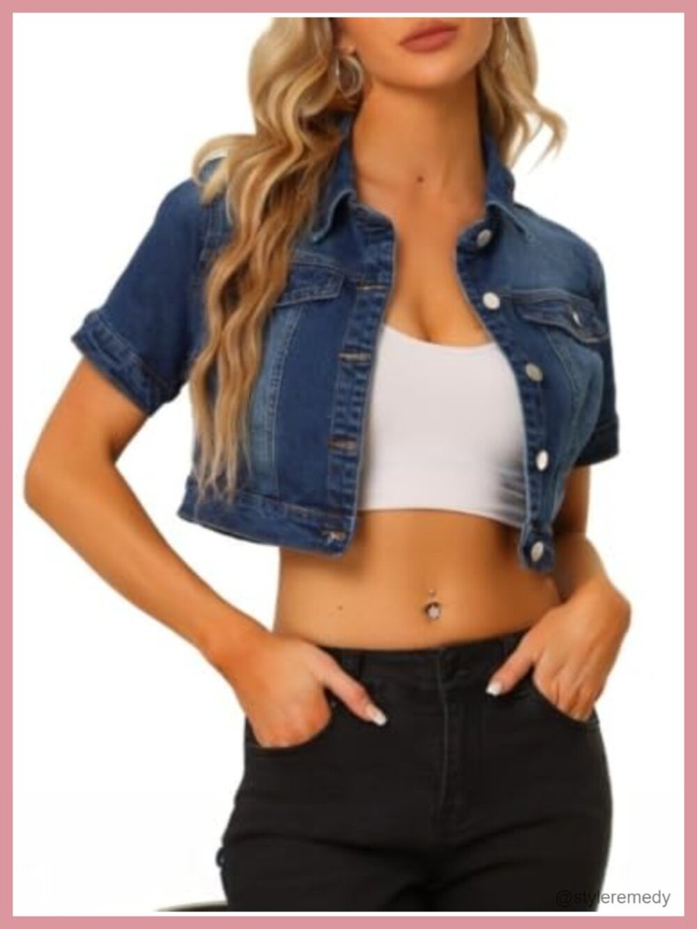 Womens Cropped Denim Jacket Short Sleeve Casual Button Up